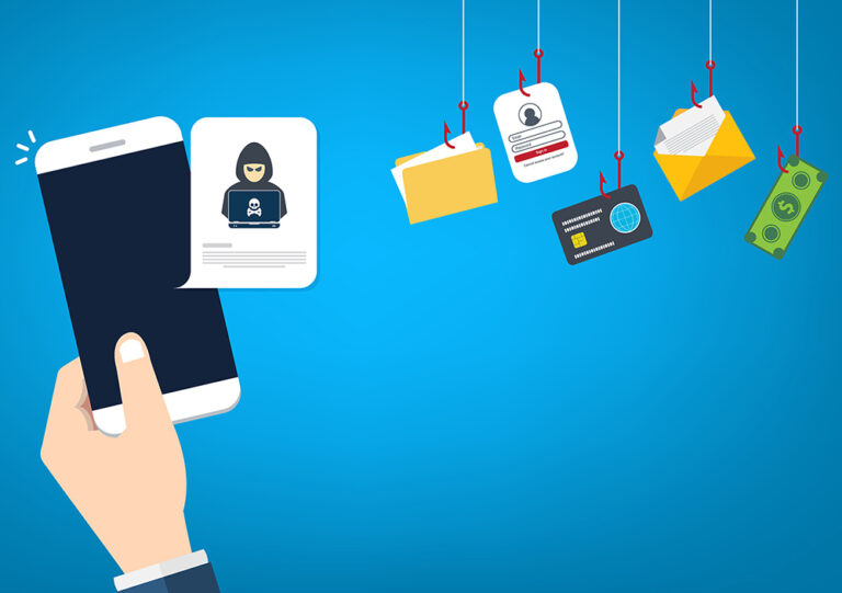 Graphic of a hand holding a cell phone with phishing images
