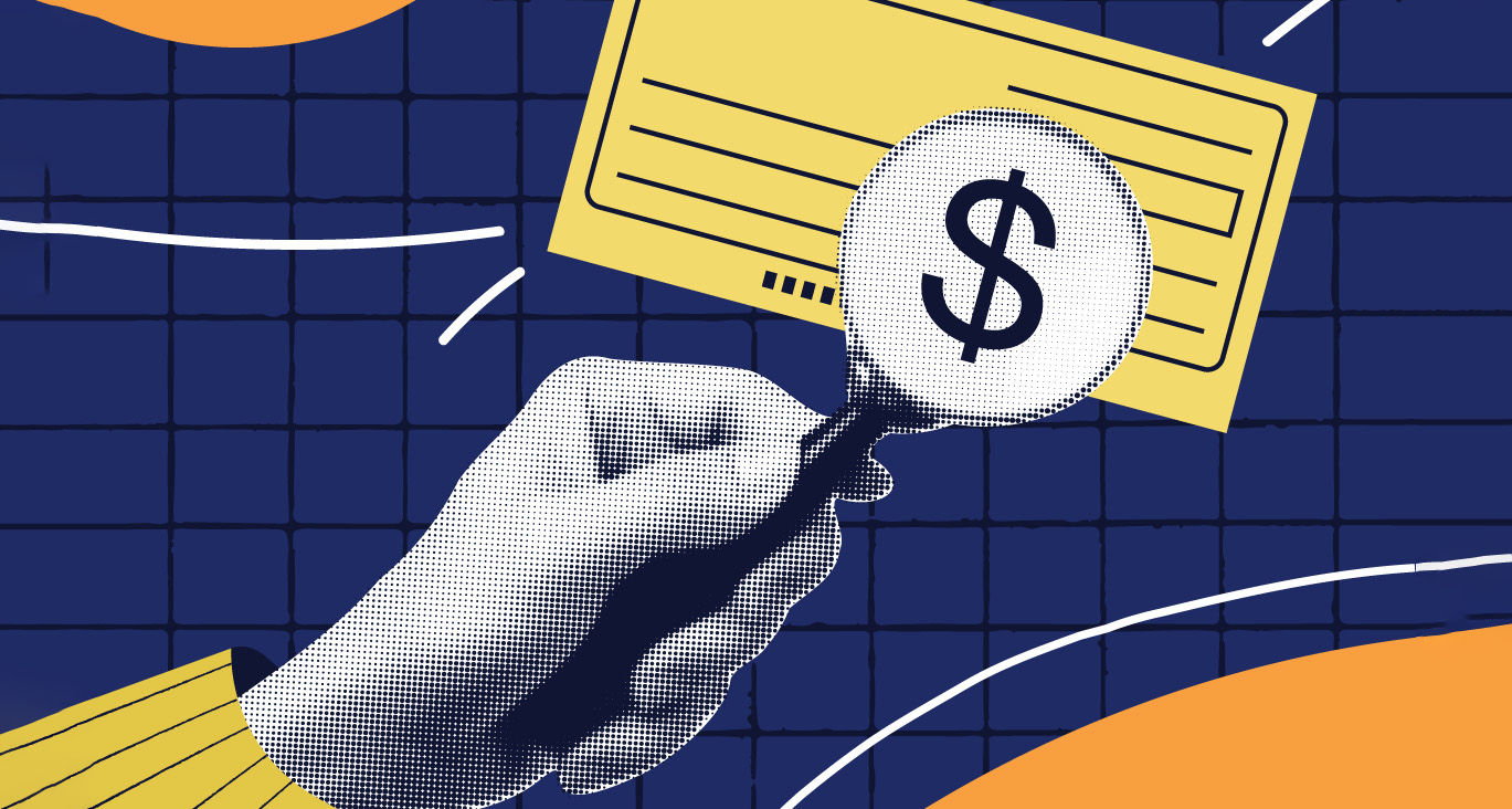 Hand with a magnifying glass magnifying a check