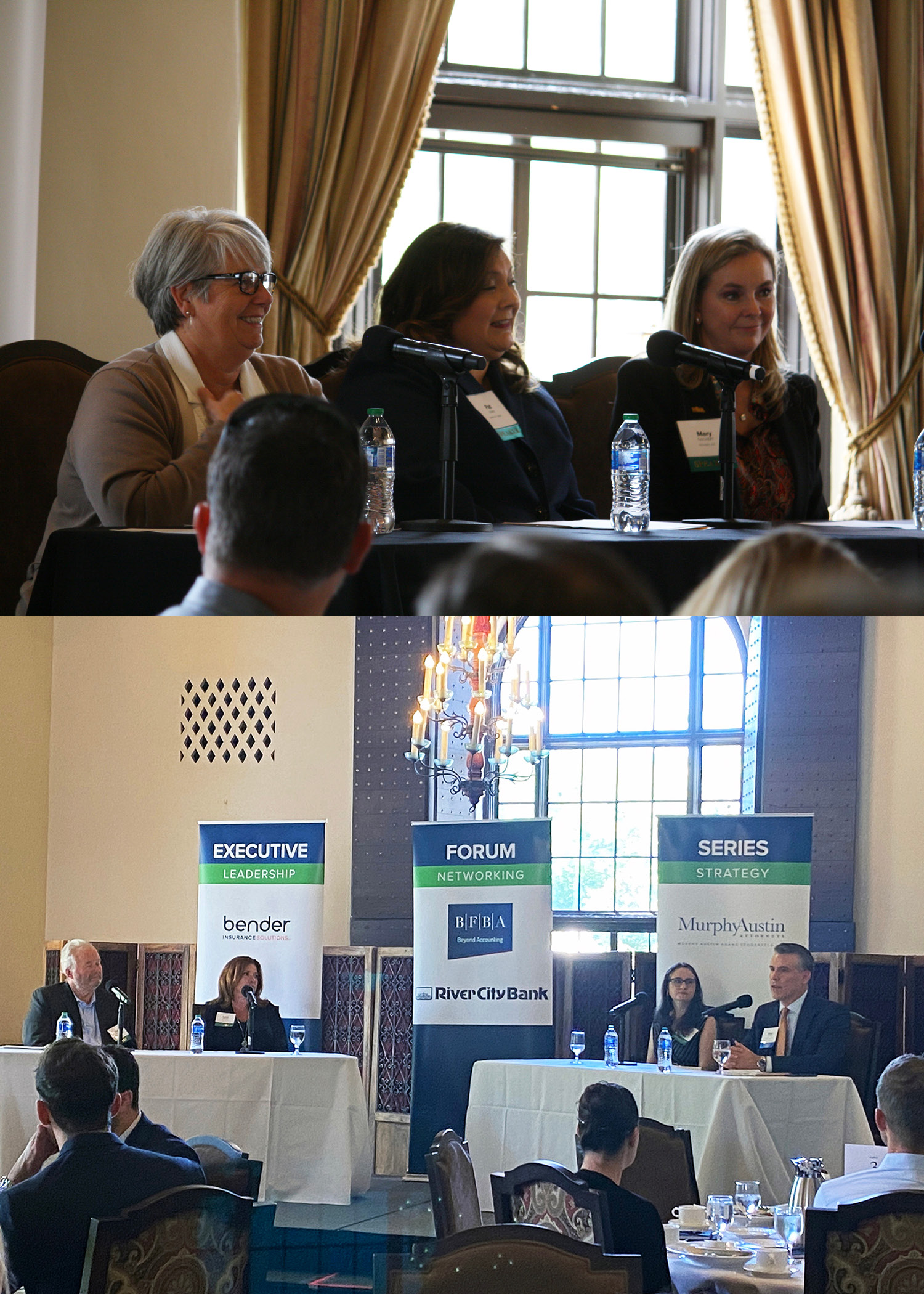 Picture 1: Photo of three women at a table. Picture 2: Photo for two men and two women with microphones